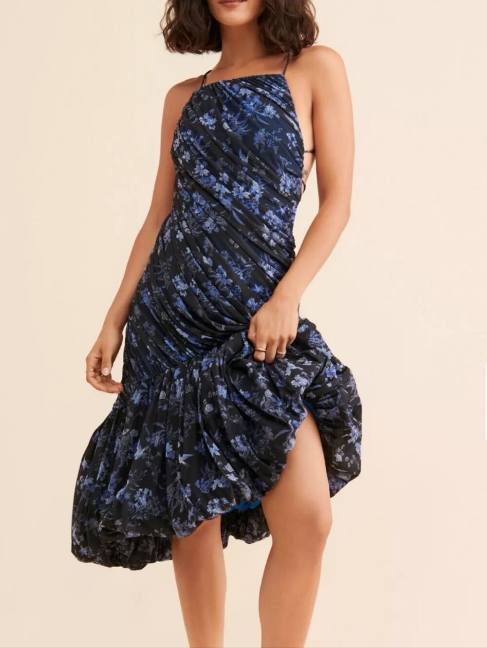 NWT Anthropologie Let Me Be Asymmetric Ruched Mesh Midi Dress XS Bubble Hem